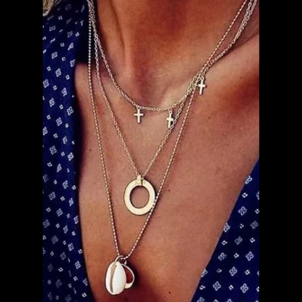Gold Layered Cross Shell Circle Pendant Necklace - Picture 2 of 8